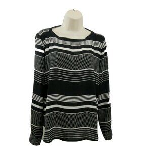 Ann Taylor LOFT Blouse Top Size Small Black White Striped Long Adj. Tab Sleeves